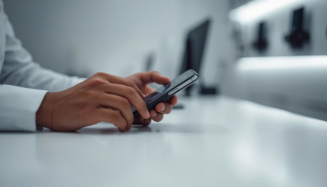 A refurbished smartphone being inspected on a clean retail counter, illustrating a guide to refurbished phones in South Africa