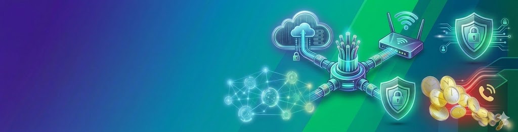 Technological illustration with network symbols, cloud, and shield on a gradient background